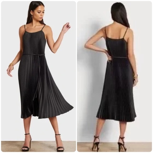 SAM EDELMAN Elegant Womens Black Hammered
Satin Plisse Pleated Midi Dress L - Picture 1 of 11